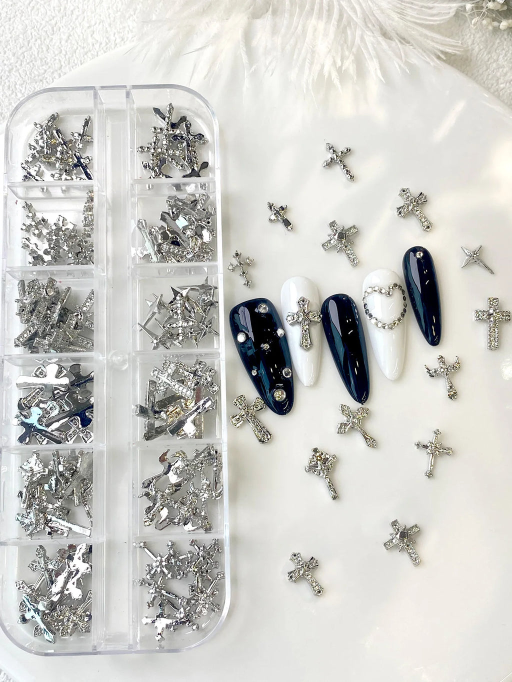 TSZS 12 Grids Y2K Silver Cross Nail Art Charms Mix Design Punk Starlight Cross with Wing Nail Decoration