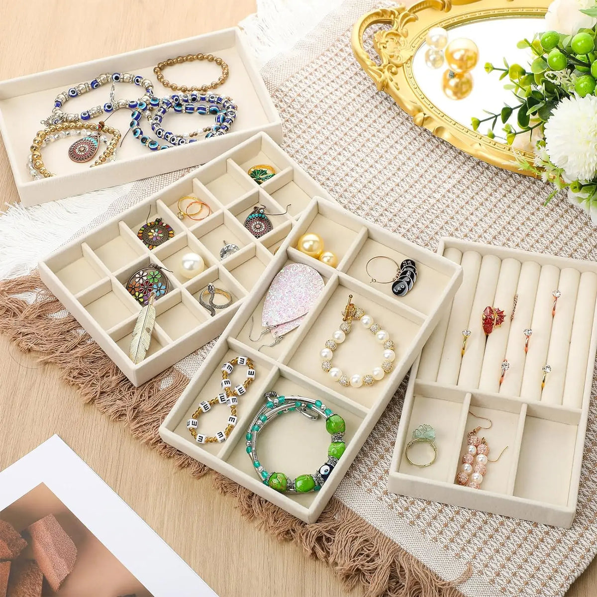 Plush Jewelry Storage Tray, Detachable Tray, Earrings, Earrings, Rings, Necklaces, Storage Tray, Drawer, Partition Tray