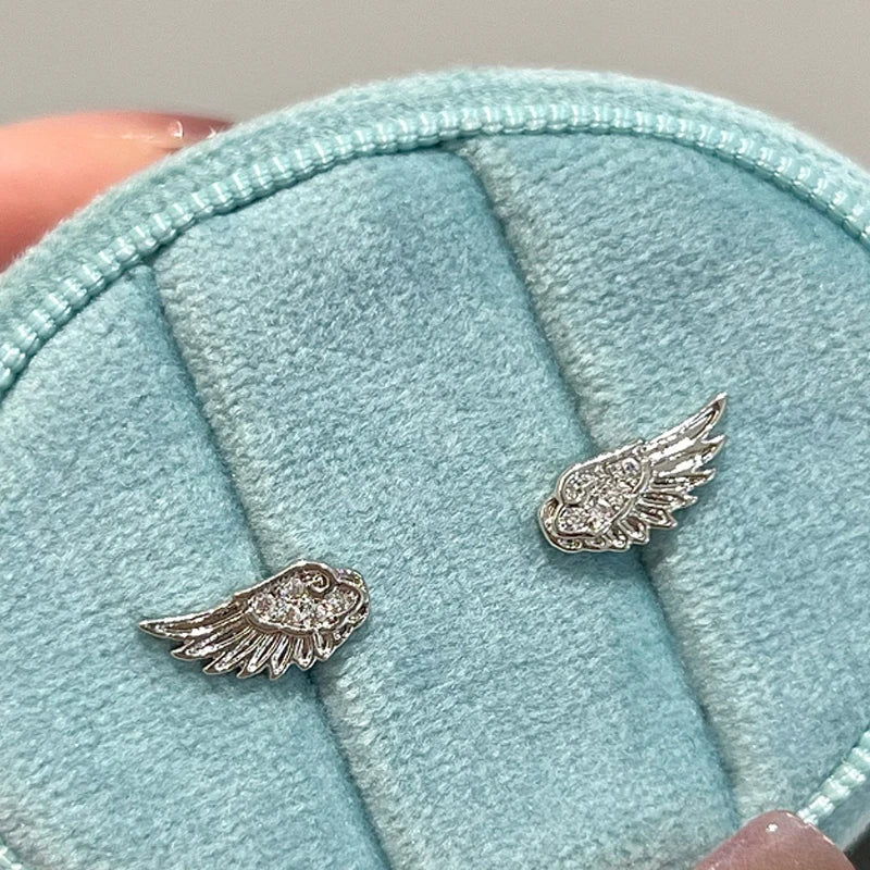 Luxury Zircon Wing Earrings Stud Fashion Women Shiny Crystal Creative Angel Wings Cross Punk Silver Color Ear Studs Jewelry Gift