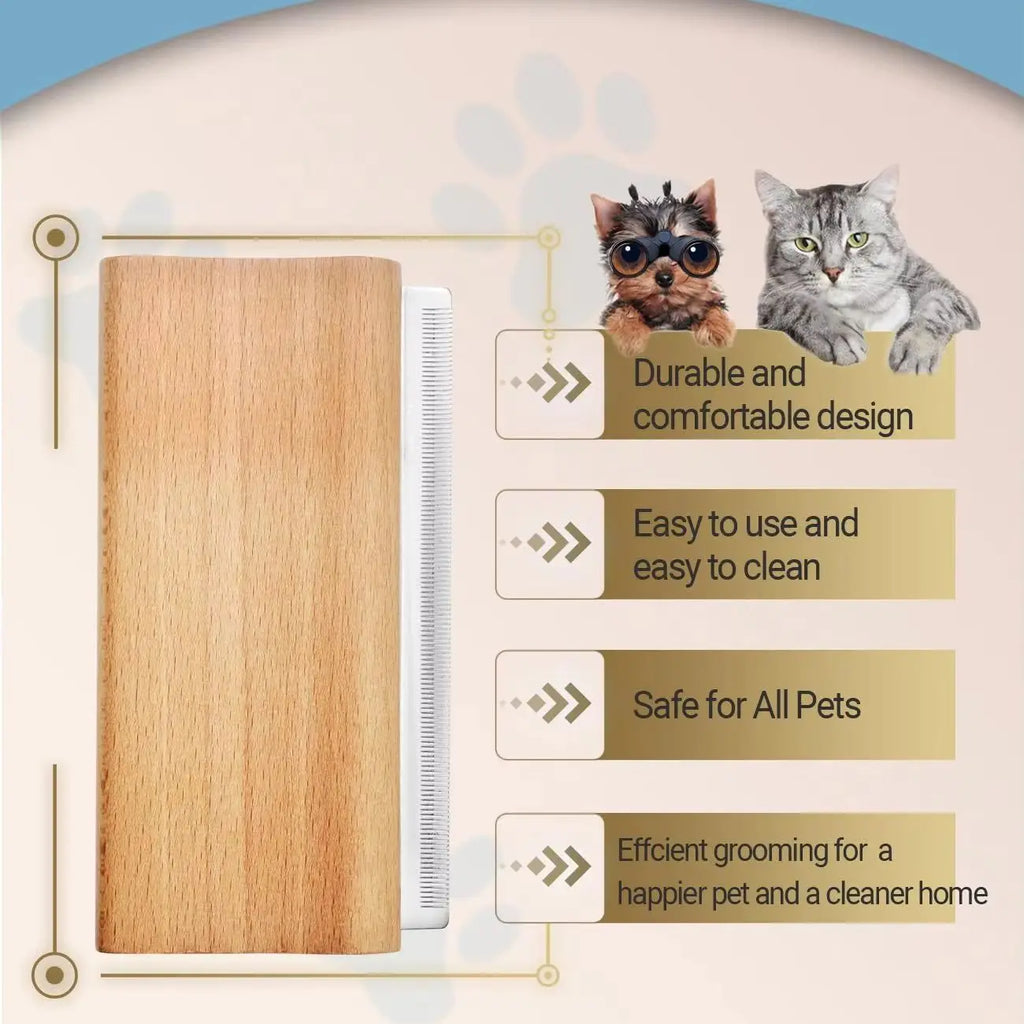 Wood Pet Grooming Brush Comb - Self Cleaning Powerful Floating Hair Removal Tool for Cats Dogs Horses Long Hair Shedding