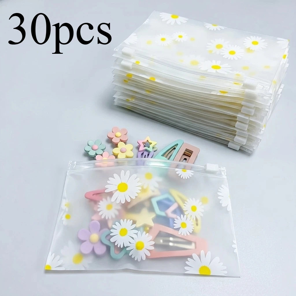 30Pcs Daisy Print Frosted Zipper Bags Transparent Plastic Storage Pouch Reusable Seal Bag For Jewelry Cosmetic Stationery Travel