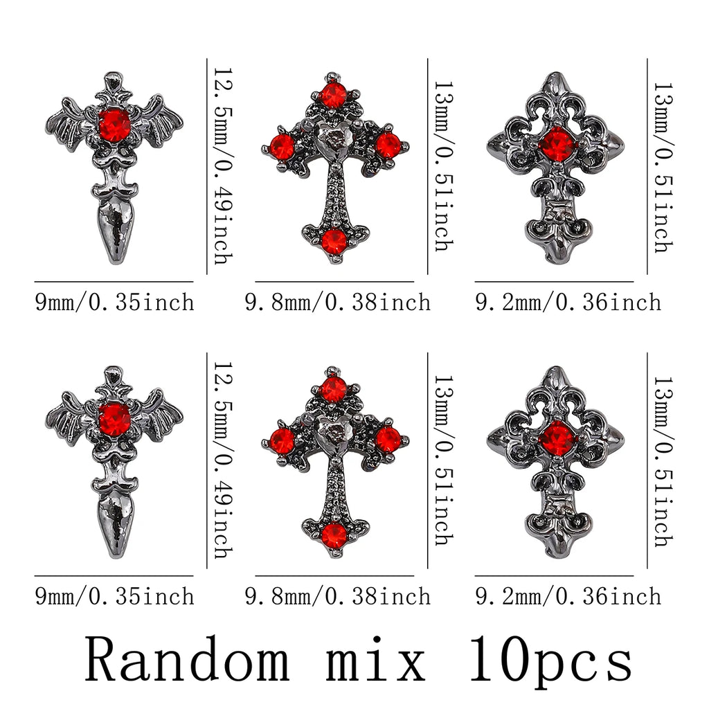 10pcs/pack Punk Style Three-Dimensional Cross Personalized Nail Art Alloy Decoration, Halloween Dark Style Cross DIY Decoration