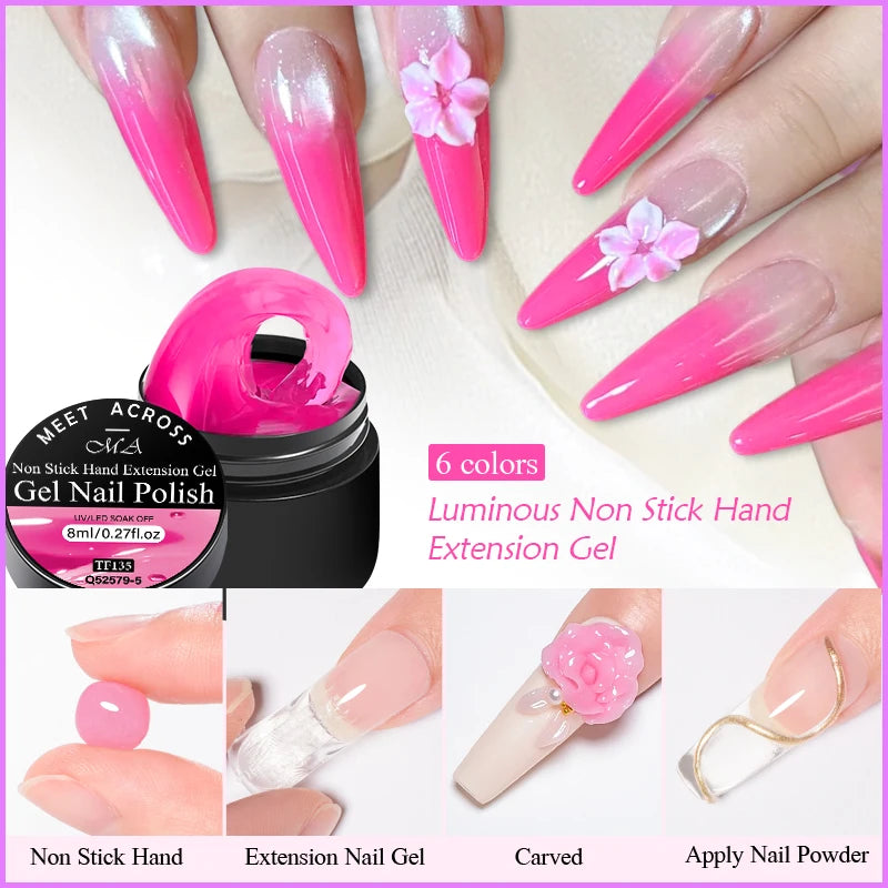 MEET ACROSS 8ml No Stick Hand Extension Gel Luminous Gel Nail Polish Bulider Gel Carving Flower Nail Art Shaping Acrylic Nail