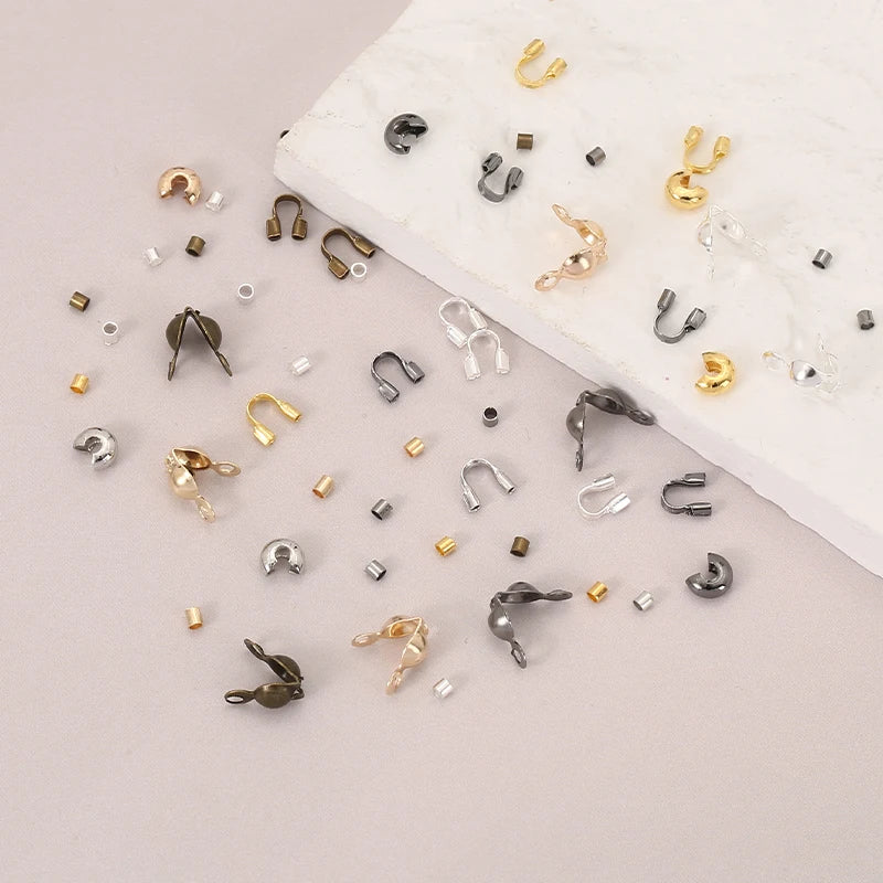 600pcs/Box 6 Styles Brass Tube Crimp Beads Tips Knot Covers Wire Guardians Protectors End Bead for DIY Jewelry Making Supplies