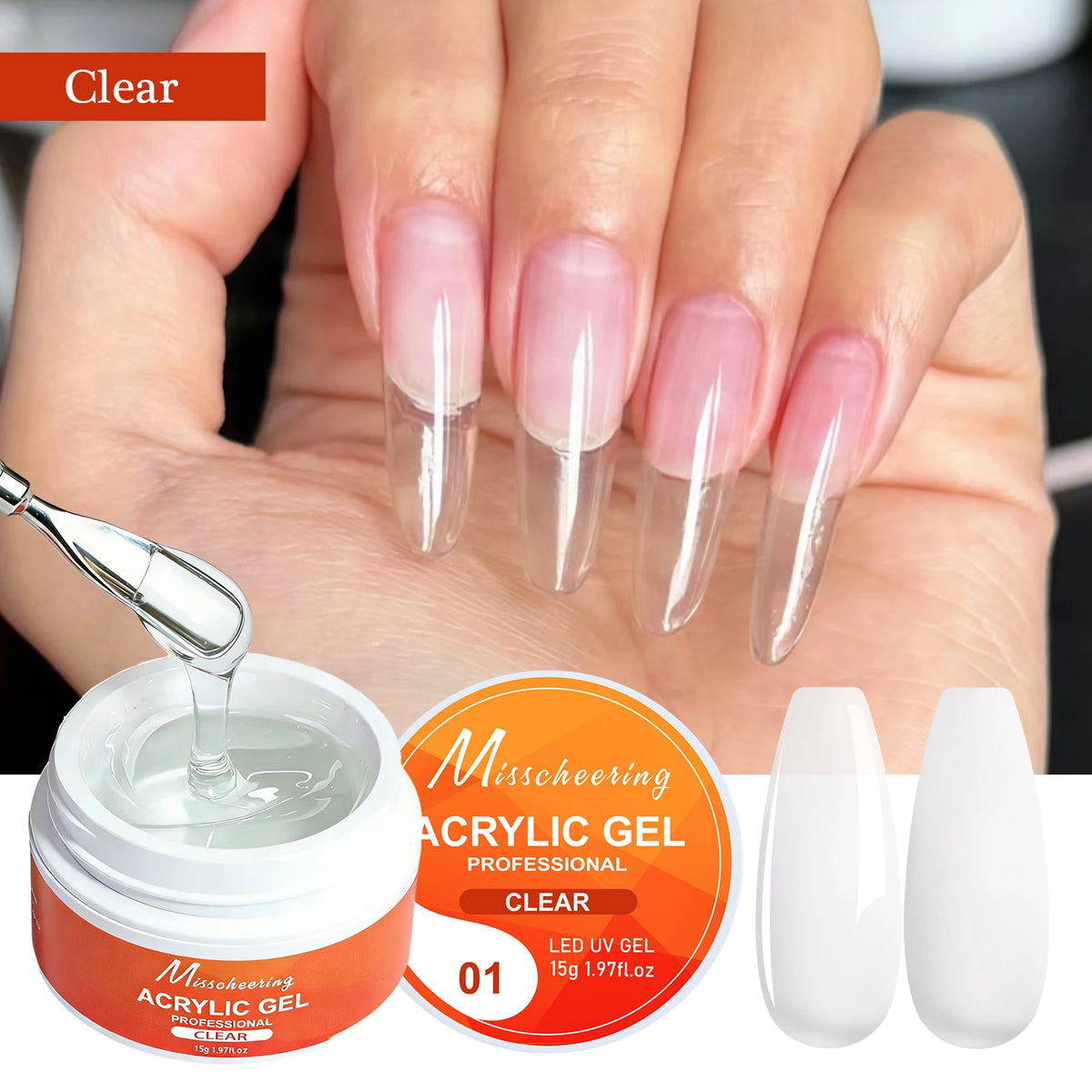 Misscheering15g 5-in-1 Acrylic Gel UV LED Nail Extension Gel Shaping Building Repair Clear/Rose Pink/White Long-Lasting 28+ Days