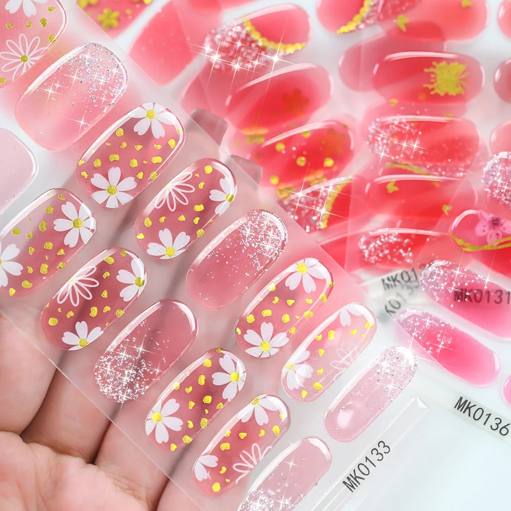 16Tips Sparkling Glitter French Gel Nail Strips 3D Flower Baking Free UV Gel Nail Wrap Decals DIY Long Lasting Full Nail Sticker