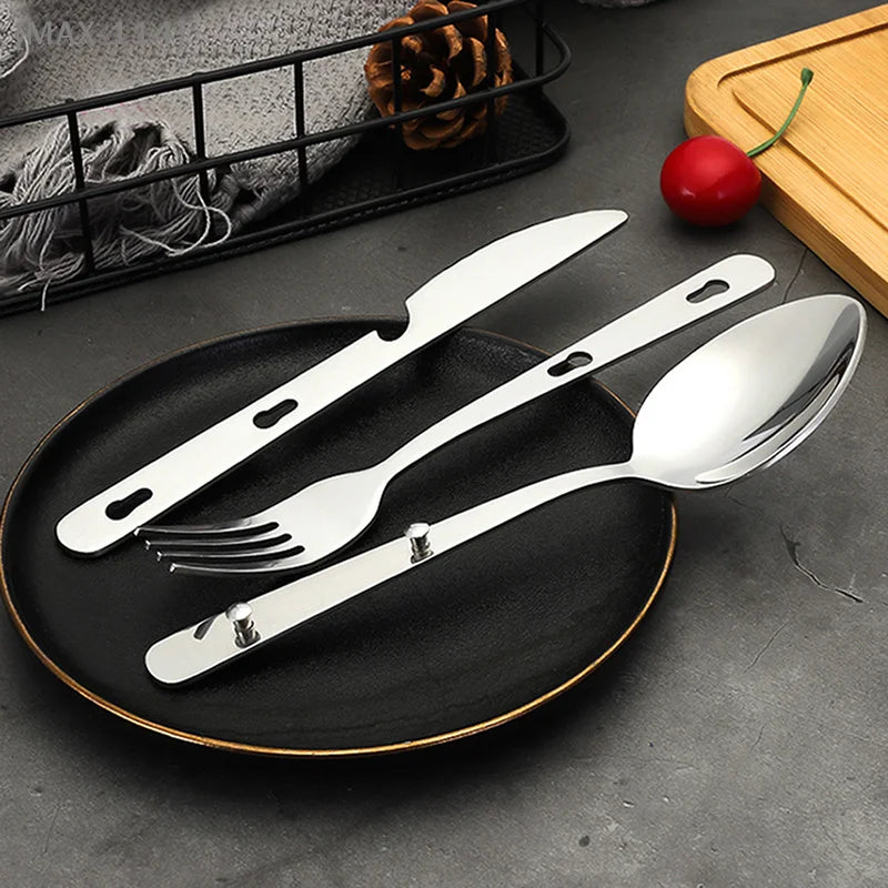 【Ja】Travel-Friendly Foldable Utensil Set - 3pcs Stainless Steel Spoon Fork Knife, Compact for Camping & On-the-Go Meals