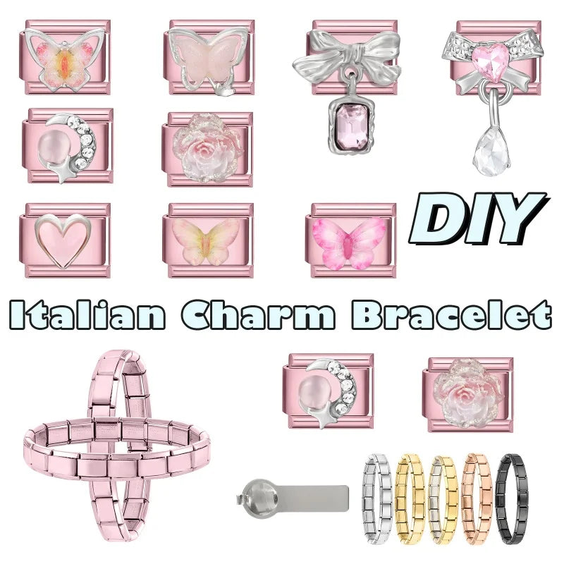 Y2K Zircon Bow Butterfly Heart Moon Pink Purple Blue Italian Charm Links Fit 9MM Stainless Steel Bracelet Women DIY Making Gifts