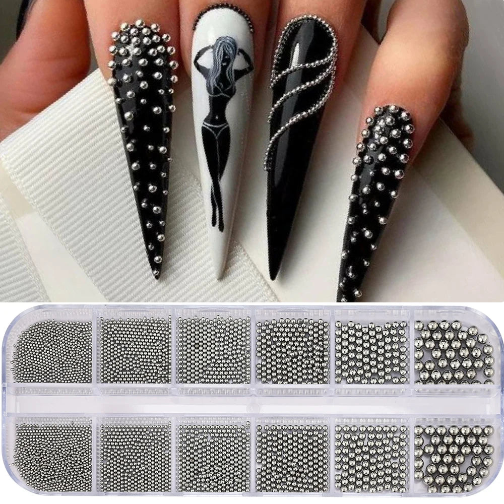 12Grids Gold/Silver Steel Beads Nail Art Charms Christmas Mixed-Size Caviar Bead With 1 Magnetic Pen Manicure Decor Rhinestones