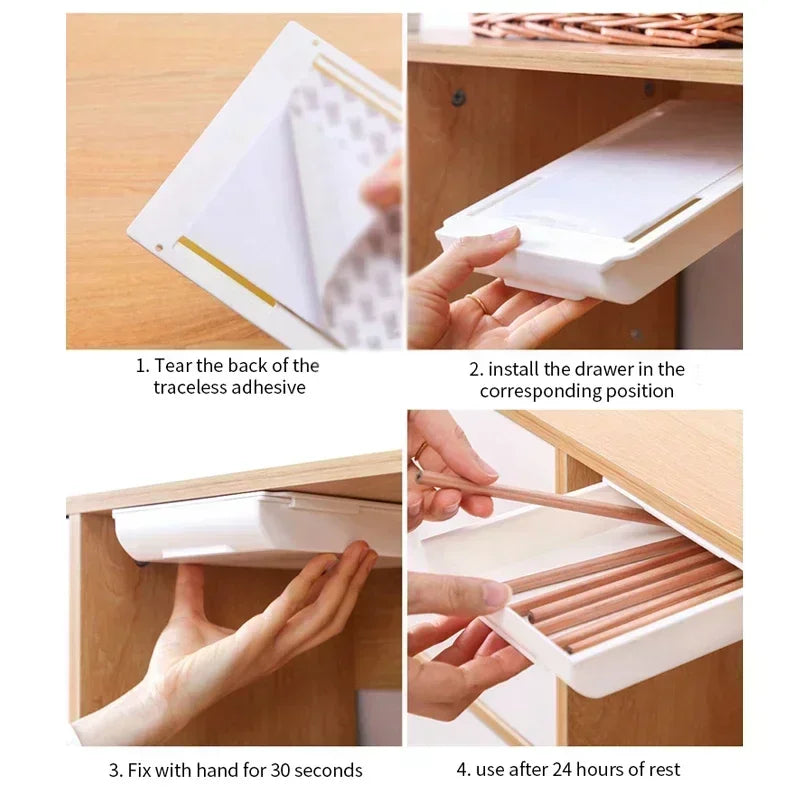 Adhesive Under Desk Drawer Organizer Hidden Table Storage Box Slide Out Tray Simple Sundries Cosmetics Stationery Organizer