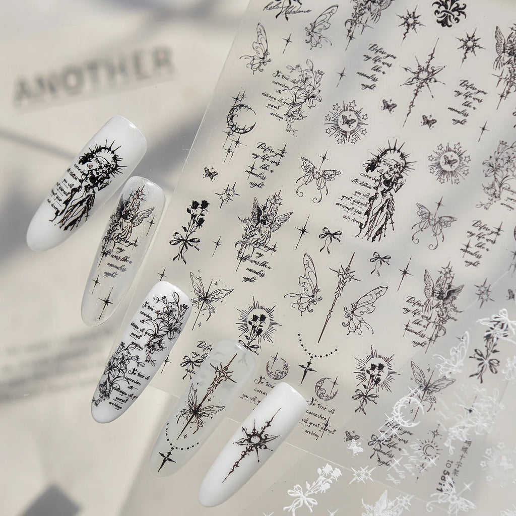 Gothic Butterfly Cross Nail Stickers Retro Rose Iris Bouquet Angel Girl Moon Cross Adhesive Nail Tip Art Sticker Manicure Decals