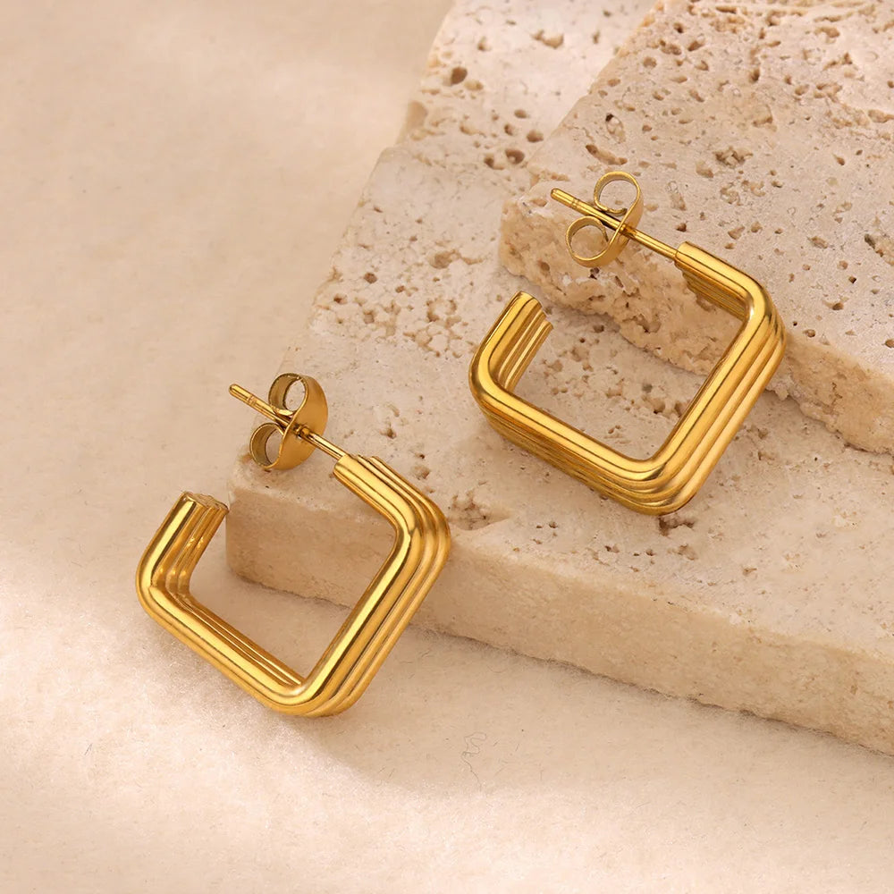 Square Stainless Steel Earrings for Women Piercing Gold Color Stud Earrings 2024 Trend Female Aesthetic Ear Jewelry aretes mujer