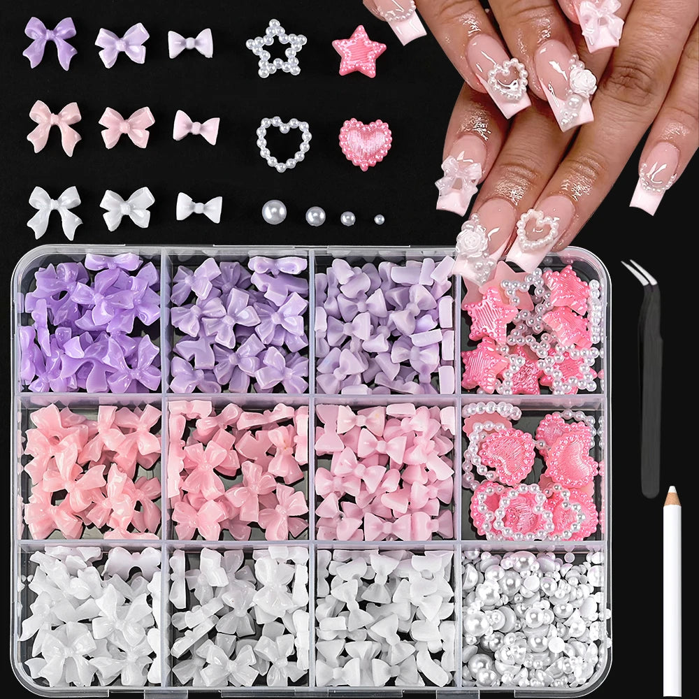 500-600pcs Mix Bow Shape Nail Art Charms 50g/bag Aurora Ribbon Resin Bowknot 3D Rhinestone DIY Korean Manicure Accessories