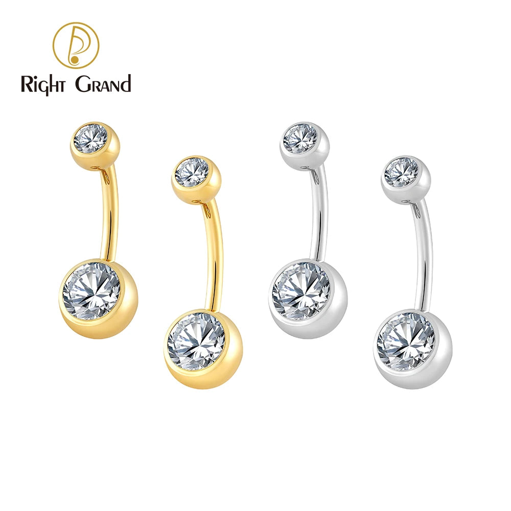 Right Grand ASTM F136 Titanium Bezel CZ Belly Button Ring Hypoallergenic 14G Curved Barbell Navel Piercing Body Jewelry
