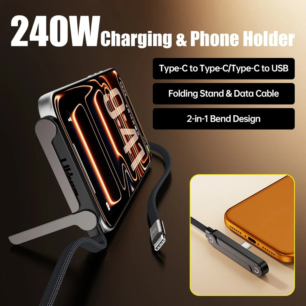 3/1pcs 240/65w Fast Charging Foldable Bracket Data Cable 2-in-1 Data Wire Foldable Phone Stand Type-C to Type-C /USB-A to Type-C
