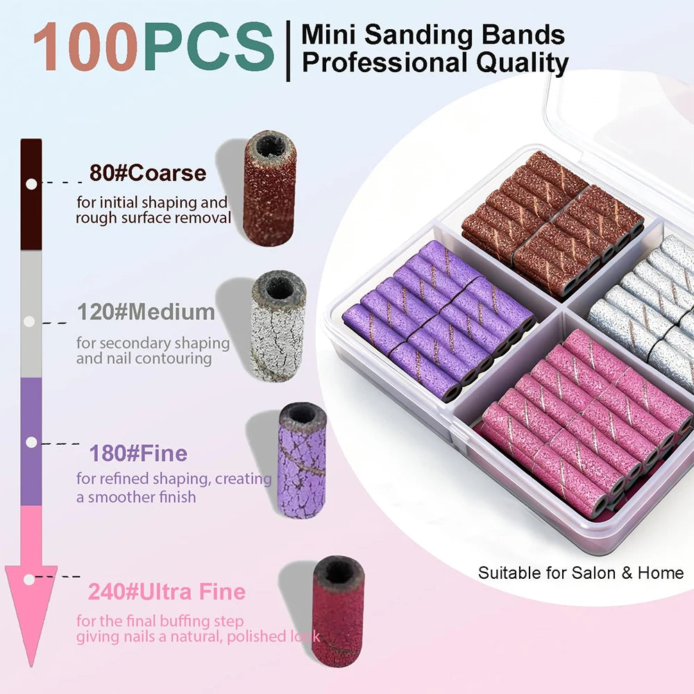 100pcs 3mm Nail Sanding Bands-80/120/180/240 Grit Mini Nail Drill Bit Electric Nail File Accessory Polishing Manicure Tool