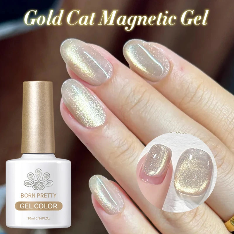 BORN PRETTY 10ml Gold Color Cat Magnetic Gel Sparkling Ultra Shine Soak Off Manicure UV Gel Nail Art Varnish Summer Gel Nails