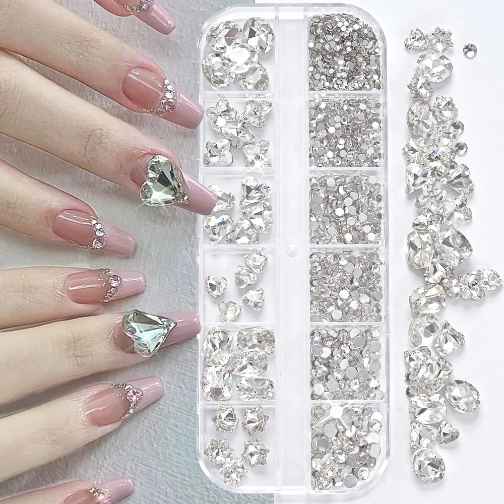 12Grids 3D Clear Glass Mutil-Shapes Nail Rhinestones + SS6-SS16 Round Diamond Crystals Luxury Heart Square Nail Art Gems Decorat