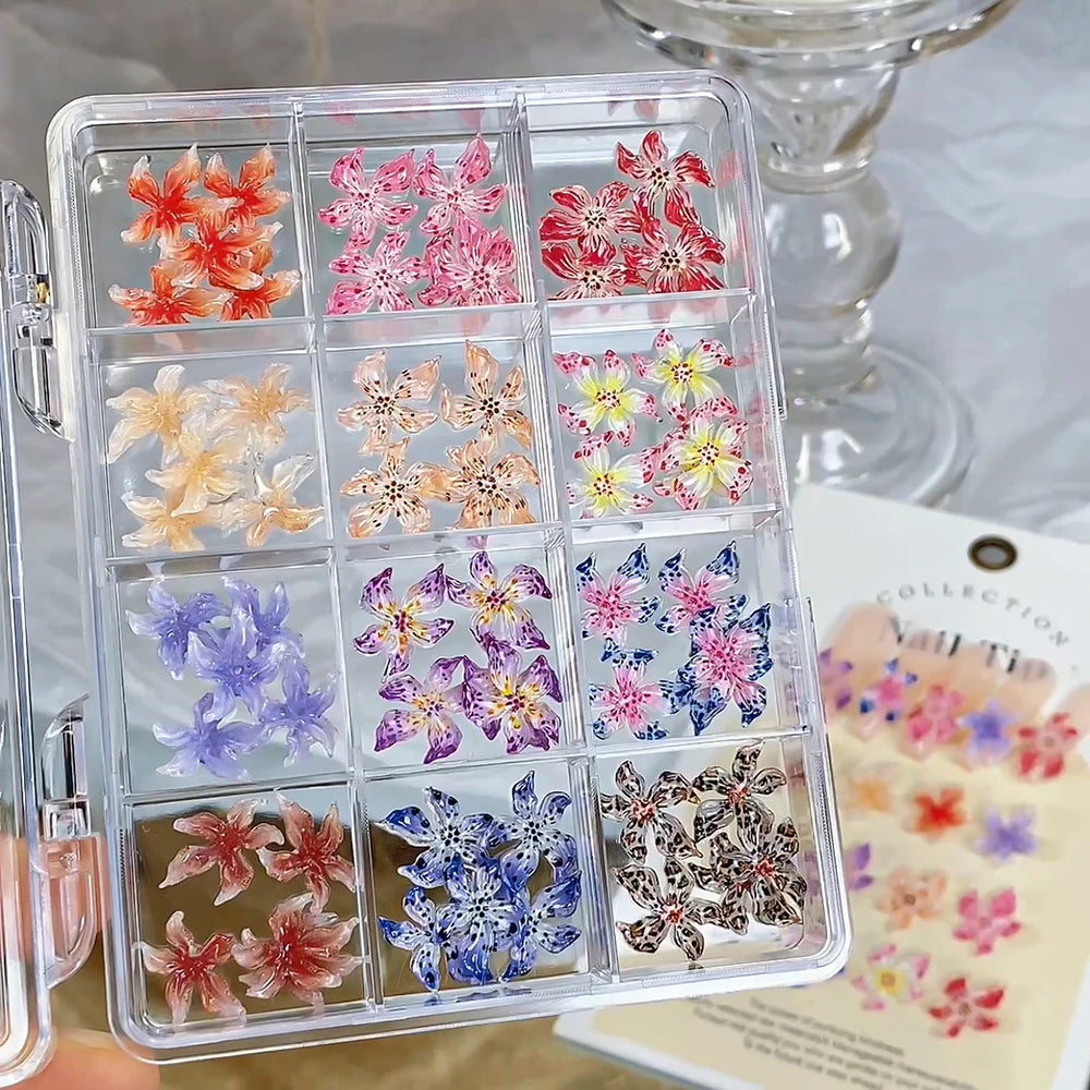 12 Grids 3D Soft Acrylic Lily & Sakura Nail Art Charms Leopard Gradient Spring Blossom Decorations Colorful Manicure Accessories
