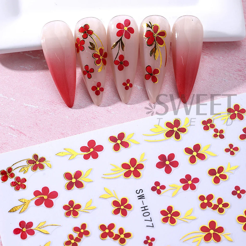 2pcs Bronzing Luxury Red Flowers Nail Stickers 3D Metallic Golden Line Vine Blooming Floral Adhesive Decals Manicure Foils Wraps
