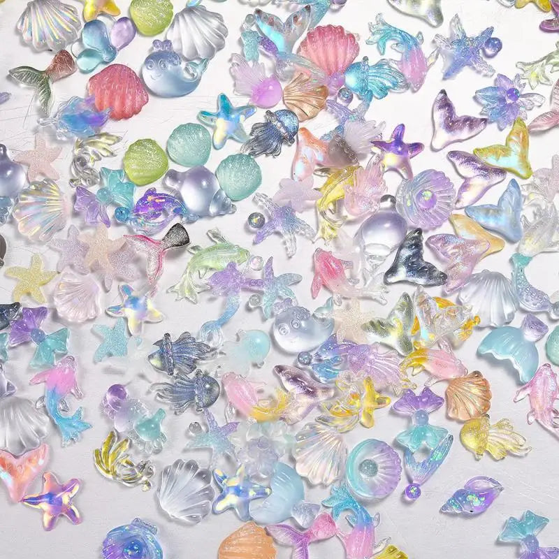 50pcs Mix Summer Beach Nail Rhinestones Ocean Theme Shell Starfish Manicure Charms Pink Ocean Gems Flat Back Nail Supplies
