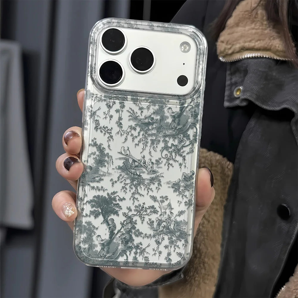 Cute Blue Floral Pattern Shockproof Case For iPhone 17 Air 16 15 Plus 14 13 12 11 Pro Max Plus Bumper Cover