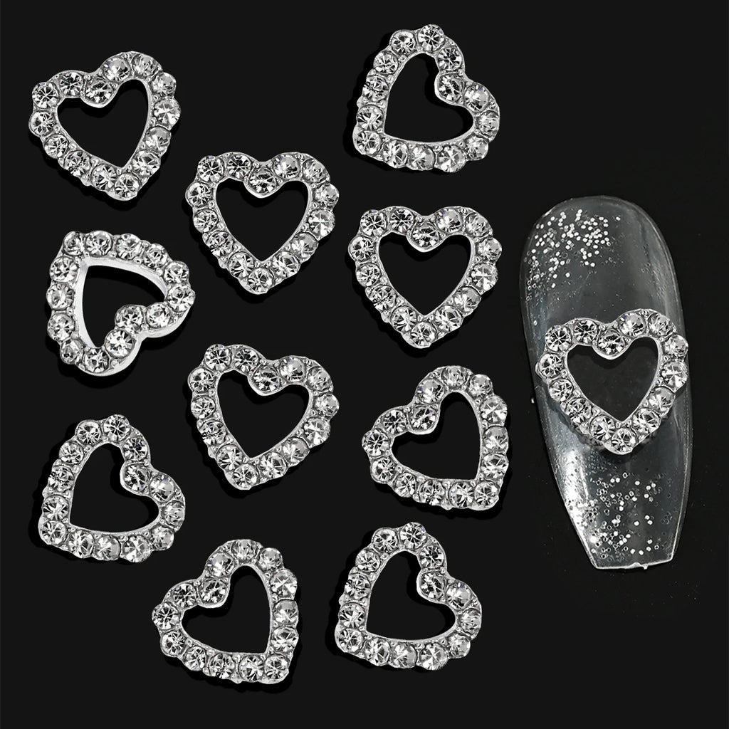 10pcs Silver Diamond Heart Shape Nail Art Charms 3D Nail Alloy Hollow-Out Crystal DIY Manicure Art Decoration Accessories