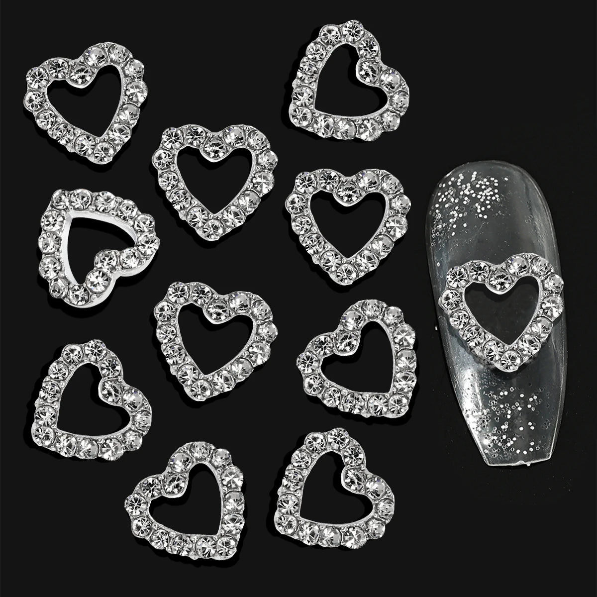 10pcs Silver Diamond Heart Shape Nail Art Charms 3D Nail Alloy Hollow-Out Crystal DIY Manicure Art Decoration Accessories