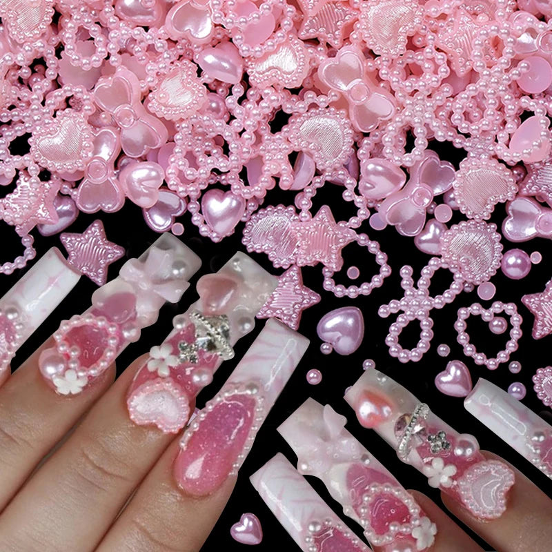 50Pcs Pearl Pink Bowknot Heart Shaped Mixed Nail Decorations Kawaii Nail Art Charms Star Butterfly DIY Nail Accessories