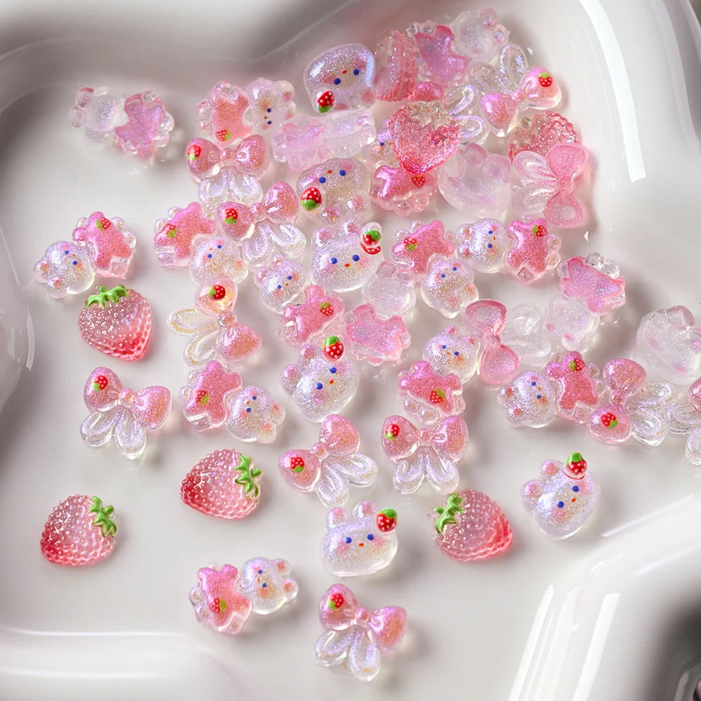 50pcs 3D Mixed Rabbit Strawberry Nail Parts Shinny Blush Bunny Bowknot Kawaii Nail Art Charms Lovely Girls Manicure Accessories