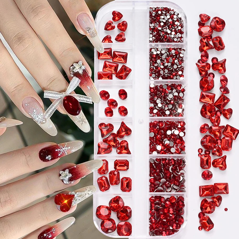 12Grids 3D Clear Glass Mutil-Shapes Nail Rhinestones + SS6-SS16 Round Diamond Crystals Luxury Heart Square Nail Art Gems Decorat