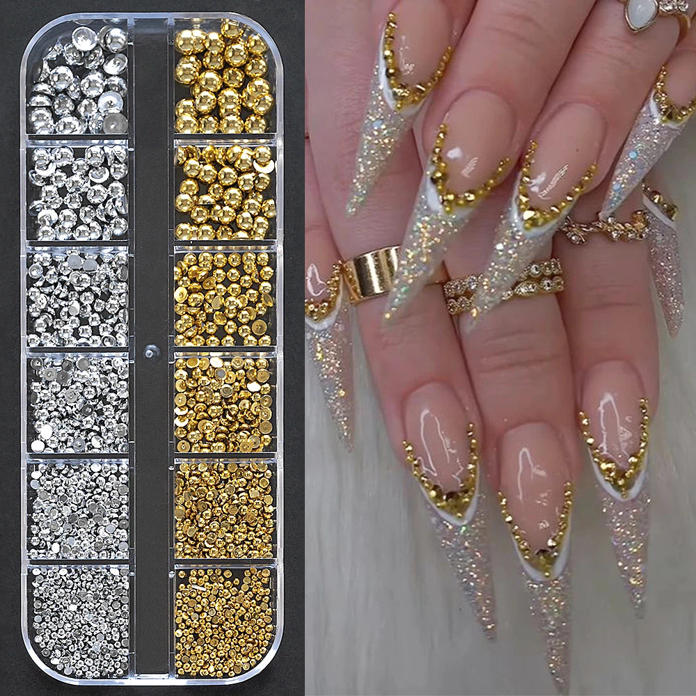 12Grids Gold/Sliver Half Round Beads Nail Art Charms 6-Sizes Flatback Caviar Bead Christmas Diamond DIY Sparkly Manicure Gems #*