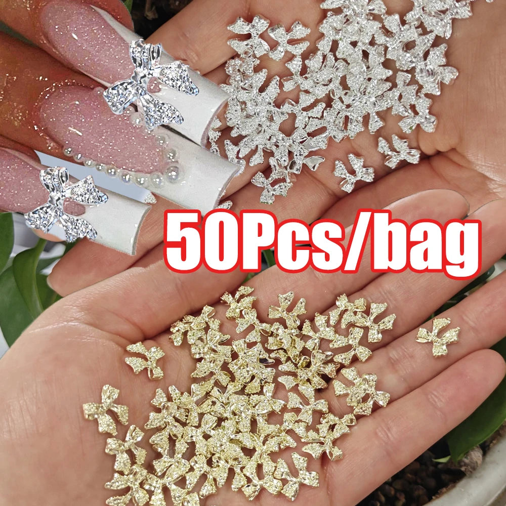 50Pcs 3D Gold/Silver Alloy Ribbion Bowknot Nail Charms 10x11mm Alloy Bowknot Nail Art Decor 3D Luxury Alloy Bow Manicure Parts