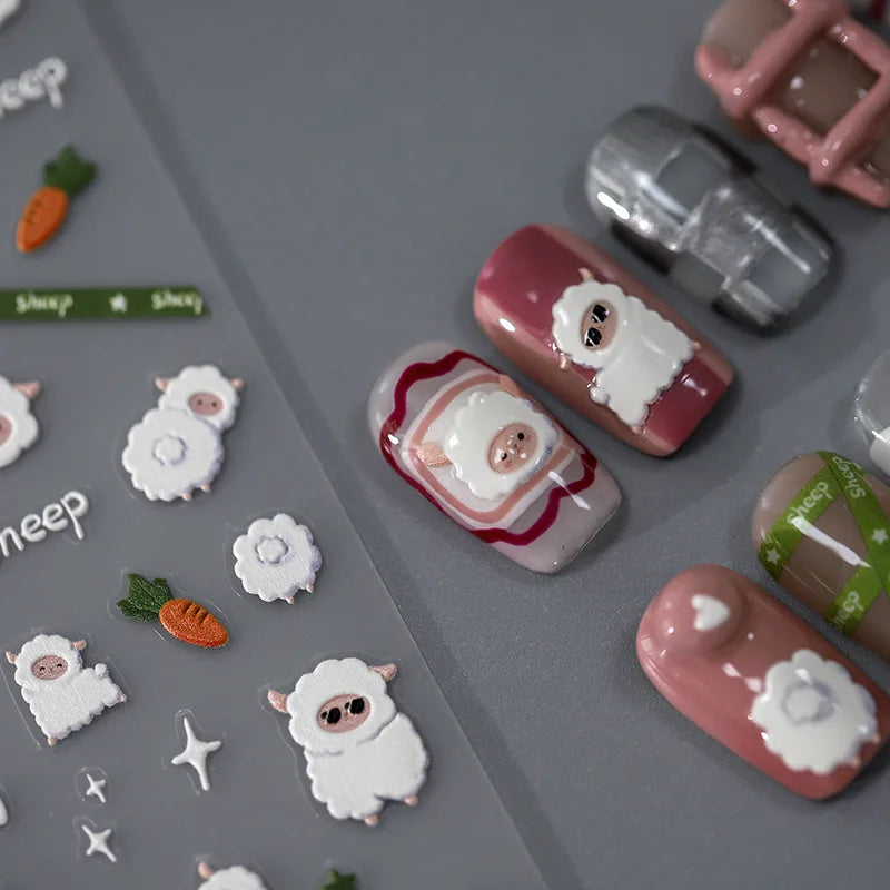 1pcs 5D Relief Kawaii Sheep Nail Art Stickers Cartoon Acrylic Exquisite Self Adhesive Transfer Nail Decoration Slider Decals DIY
