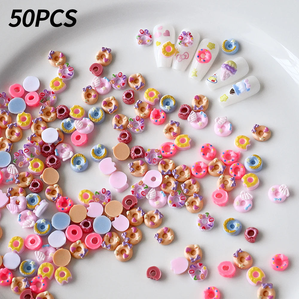 50Pcs 3D Mixed Kawaii Donuts Nail Art Charms Cartoon Dessert/Doughnut Nails Decorations for DIY Crafts Hair Manicure Accessories