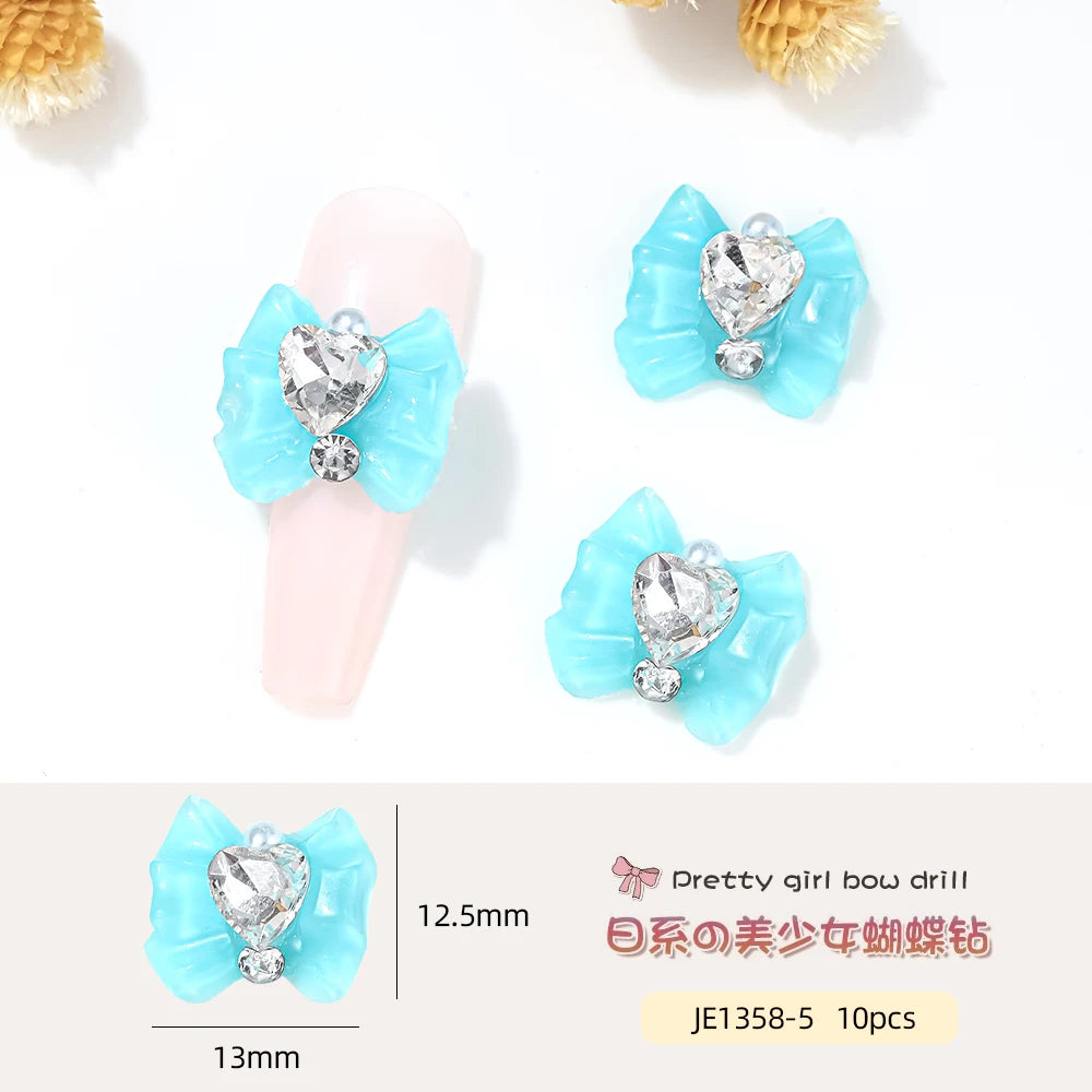 10pcs Resin Bowknots Glass Heart Diamonds Nail Charms Shiny Cute Bowknots Japanese Nail Jewelry Women Nail Art Decor Accessories