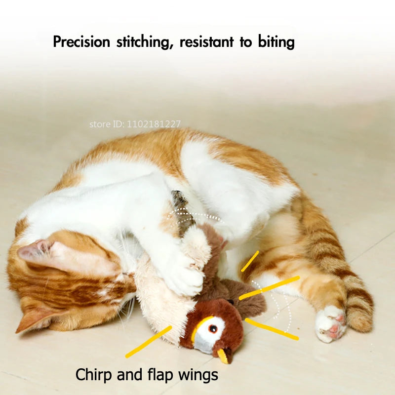 Interactive Cat Toy Chirping Flapping Sparrow Dog Toys Rechargeable Touch Squeak Bird-Shaped Plush Toy with Catnip Pet Supply
