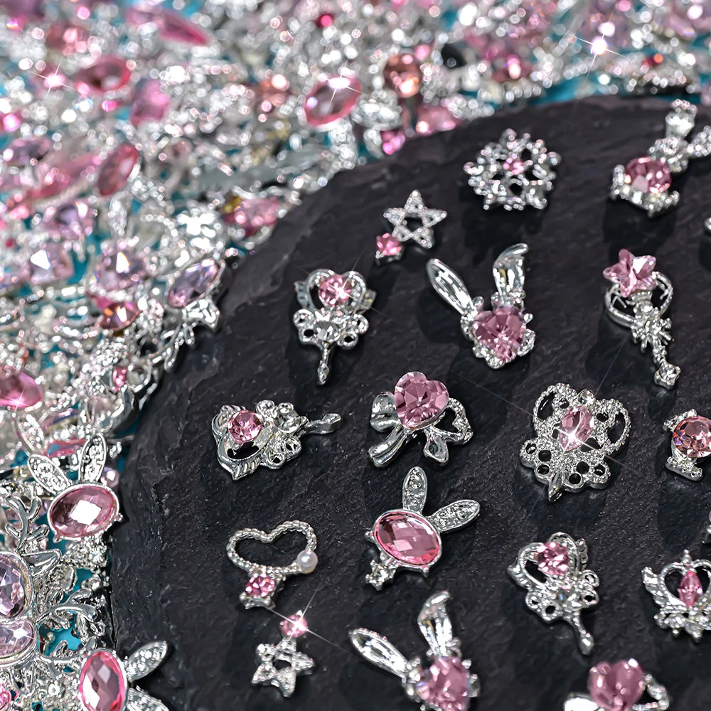 30pcs Mixed Set Golden Alloy Rabbit Nail Decoration Five-Pointed Star Heart Pink Diamond Nail Charms Metal Bow Nail Rhinestones