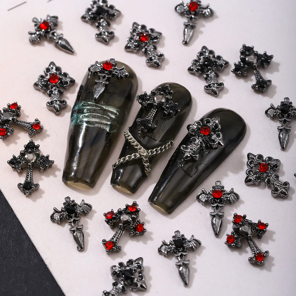 10pcs/pack Punk Style Three-Dimensional Cross Personalized Nail Art Alloy Decoration, Halloween Dark Style Cross DIY Decoration