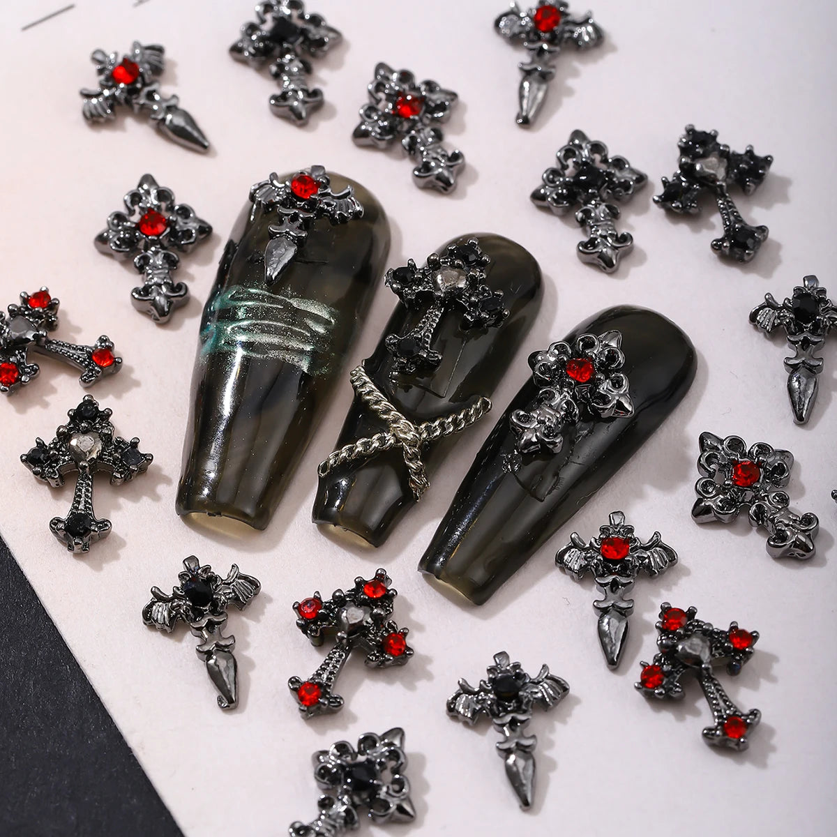 10pcs/pack Punk Style Three-Dimensional Cross Personalized Nail Art Alloy Decoration, Halloween Dark Style Cross DIY Decoration