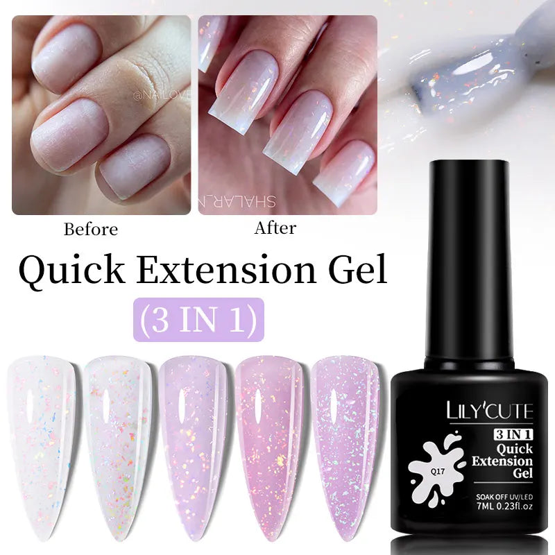 LILYCUTE Milky White Gold Sequins Quick Extension Rubber Base Gel Nail Polish Glitter Extend Construct Hard Gel Nail Art Varnish