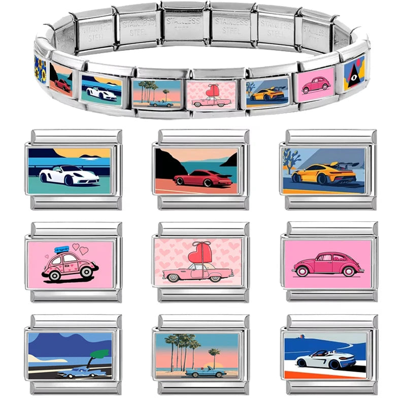 Wholesale 2026  Men Women Fashion Vintage Sports Car Pattern Italian Charms Fit 9mm Stainless Steel Bracelet DIY Jewelry Gifts