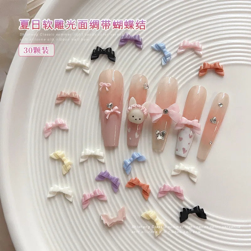 New Arrival 30PCS Soft Acrylic Bow Nail Art Charms Accessories Resin Parts For Nails Decoration Manicure Decor Supplies Material