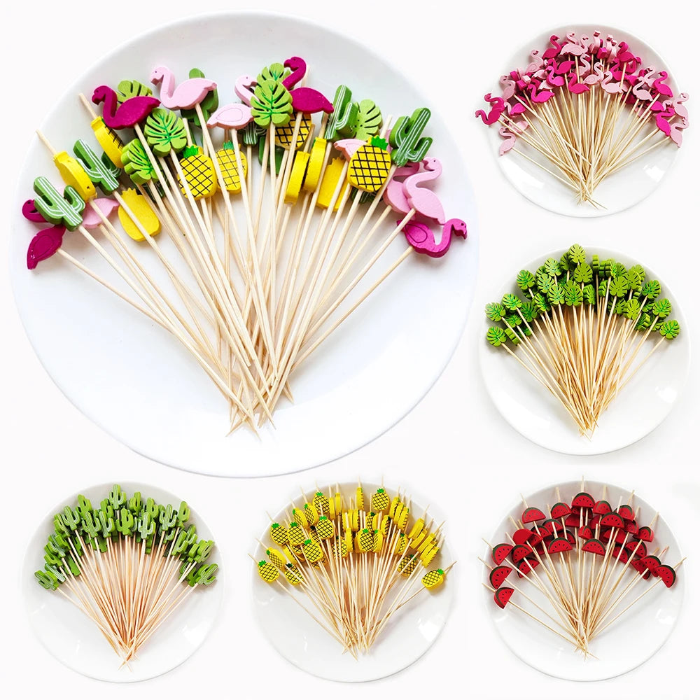 100/50Pcs Hawaii Party Cocktail Sticks Bamboo Skewers for Salad Dessert Disposable Forks Buffet Fruit Birthday Party Wedding