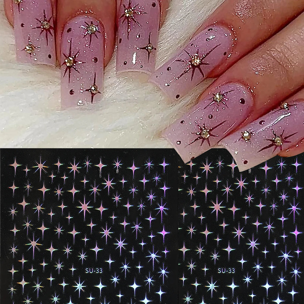 3D Metal Silver Starlight Nail Art Stickers Shiny 3D Laser Star Nail Decals 8*10cm Self-Adhesive Starlights Nail Supplies