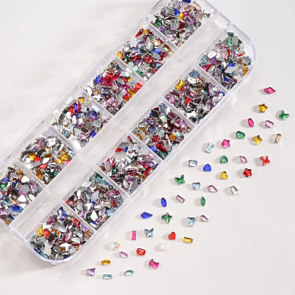 12Grids 3D Acrylic Flowers Nail Charms(with Steel Beads) Colorful Five-petal Flower Nail Art Decorations DIY Manicure Supplies &
