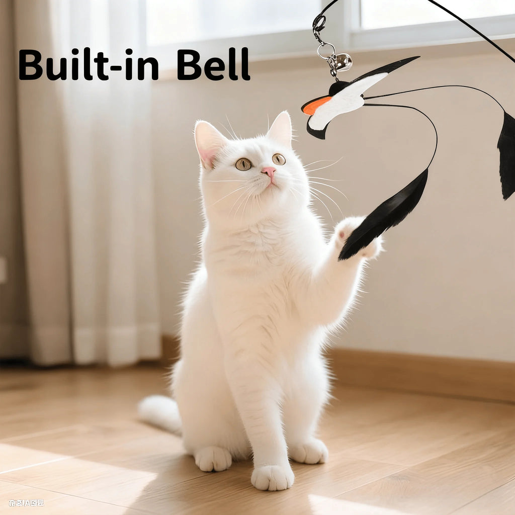 Small swallow cat teaser stick with long rod, steel wire with bell feather replacement head, cat toy to relieve boredom, pet toy