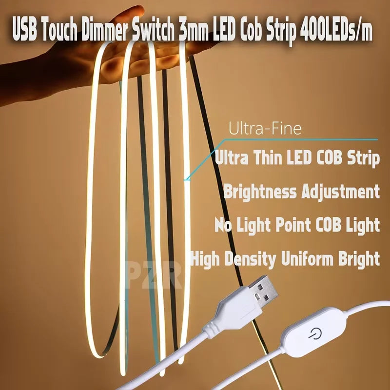 Lqhzmyy Cob Led Strip Light, USB Powered, Touch Switch for Adjustable Light Brightness, 3mm Wide Ultra-Thin Led Strip with No Light Spots, Suitable for Furniture Cabinets, Kitchen Bases, Bedroom Ambient Lighting, Warm White L