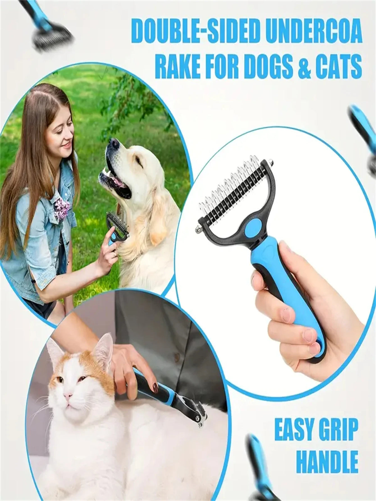 Ergonomic Double-Sided Undercoat Rake - Comfort Grip Dematting & Deshedding Brush Tool, Stainless Steel Teeth, Gentle on Skin, I