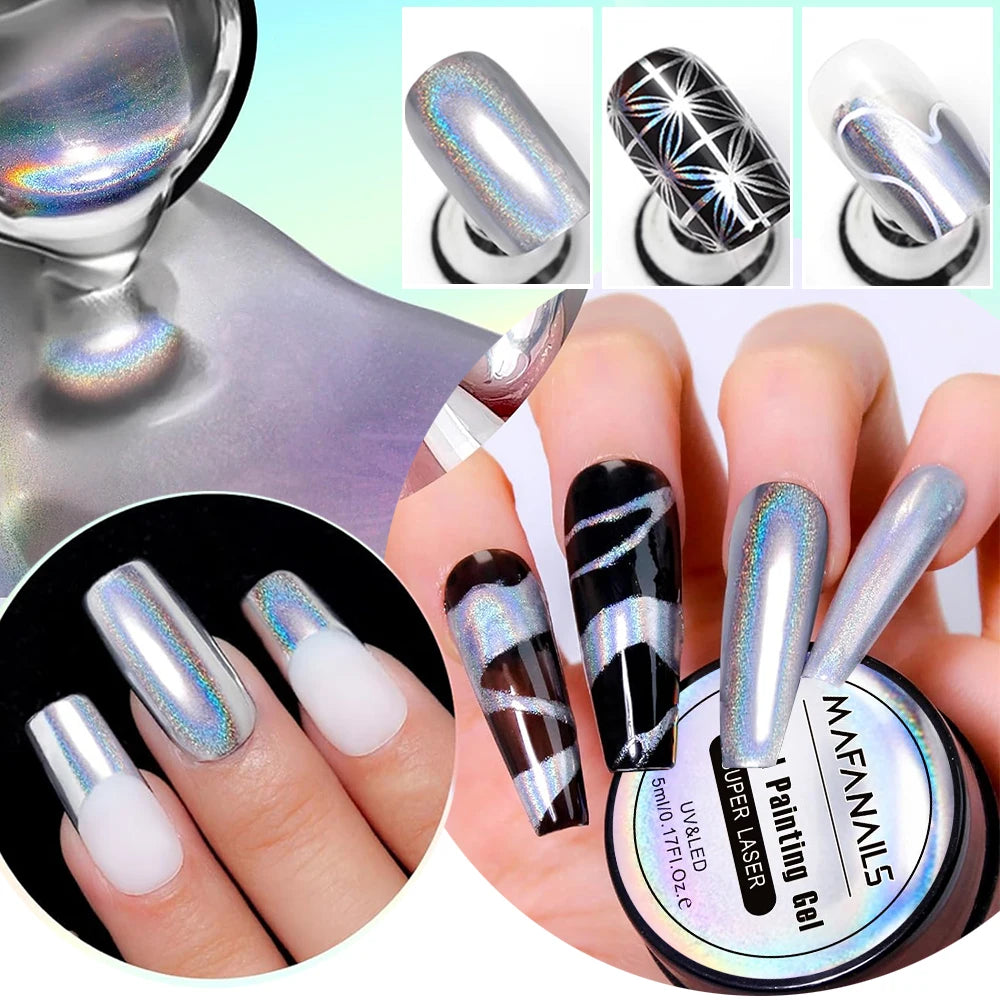 5/7/8/10ml Metallic Painting Gel Nail Polish Silver Mirror Chrome Holographic Laser Rainbow Effect Metal Painting Gel Soak Off